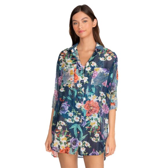 Johnny Was Sunrise Blue Flower Swim Resort Cover Up Floral Paria Shirt Dress NEW - Picture 1 of 7